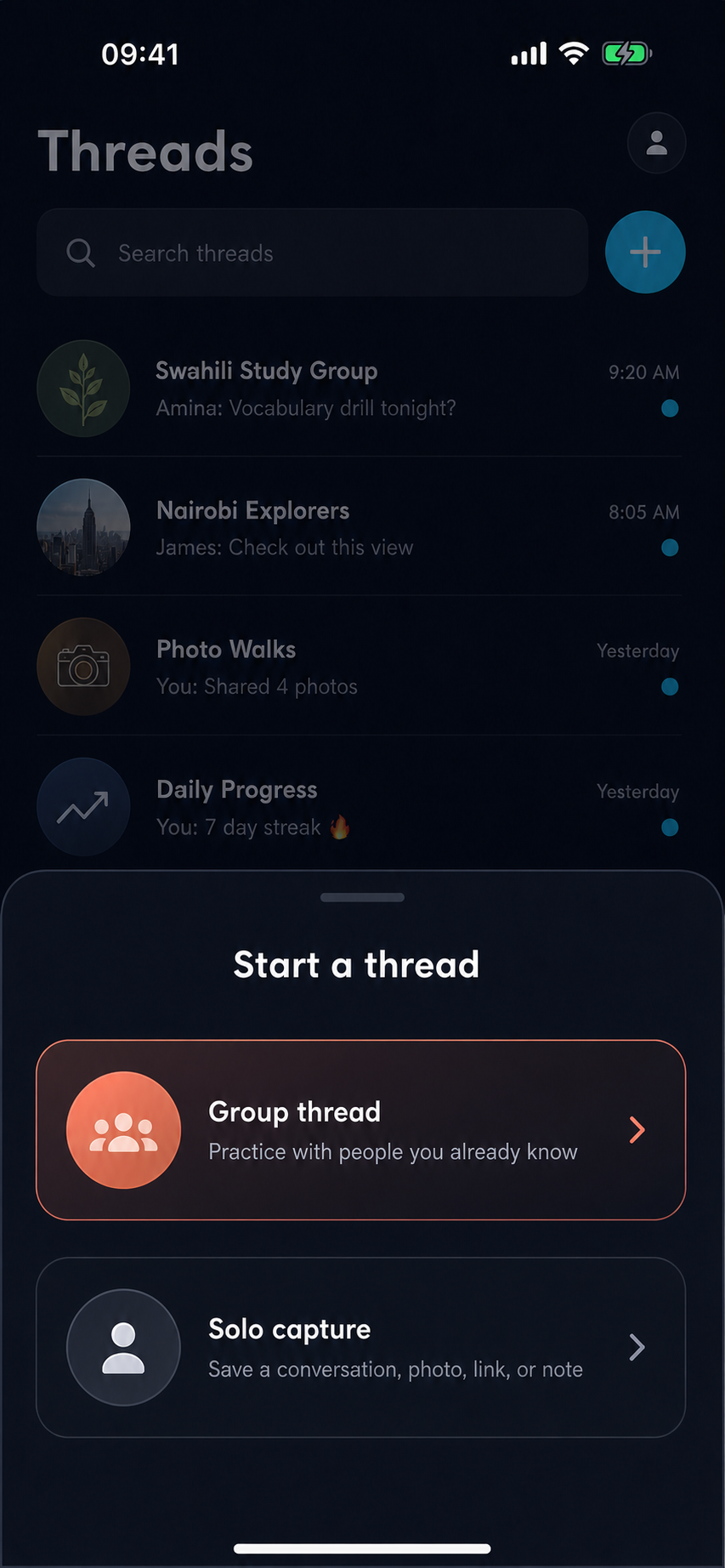 Lexifari Threads screen with the Start a thread sheet open
