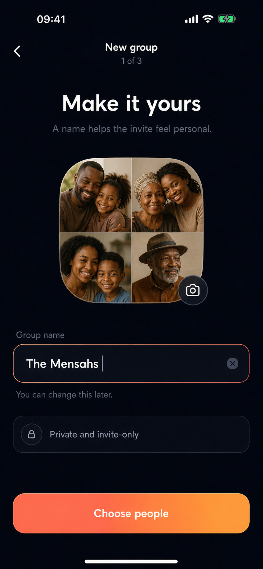 New group screen with The Mensahs name and private invite-only reassurance