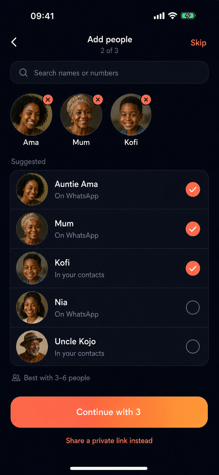 Contact picker selecting Auntie Ama, Mum, and Kofi