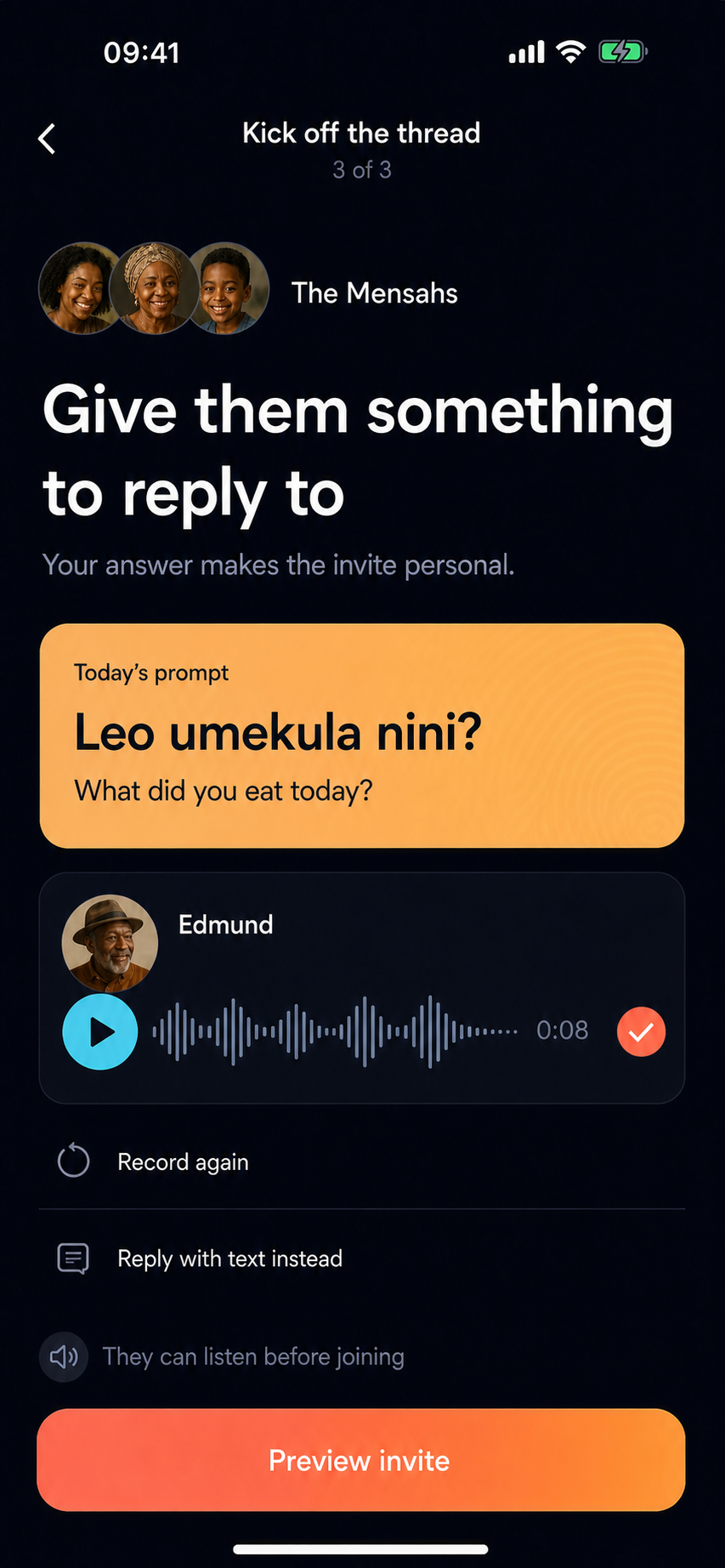 Daily Swahili prompt with Edmund's seeded voice answer