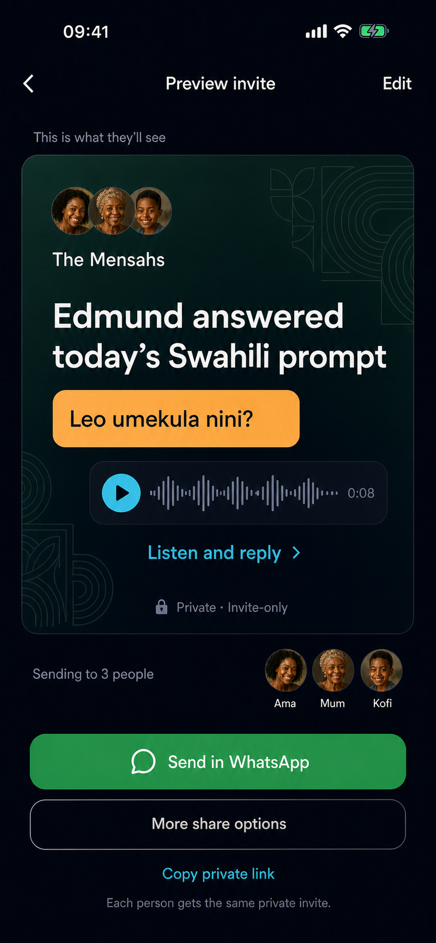 Designed private invite preview with prompt and voice note
