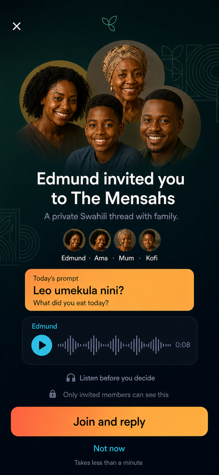Private invite landing with The Mensahs, today's prompt, and Edmund's voice note