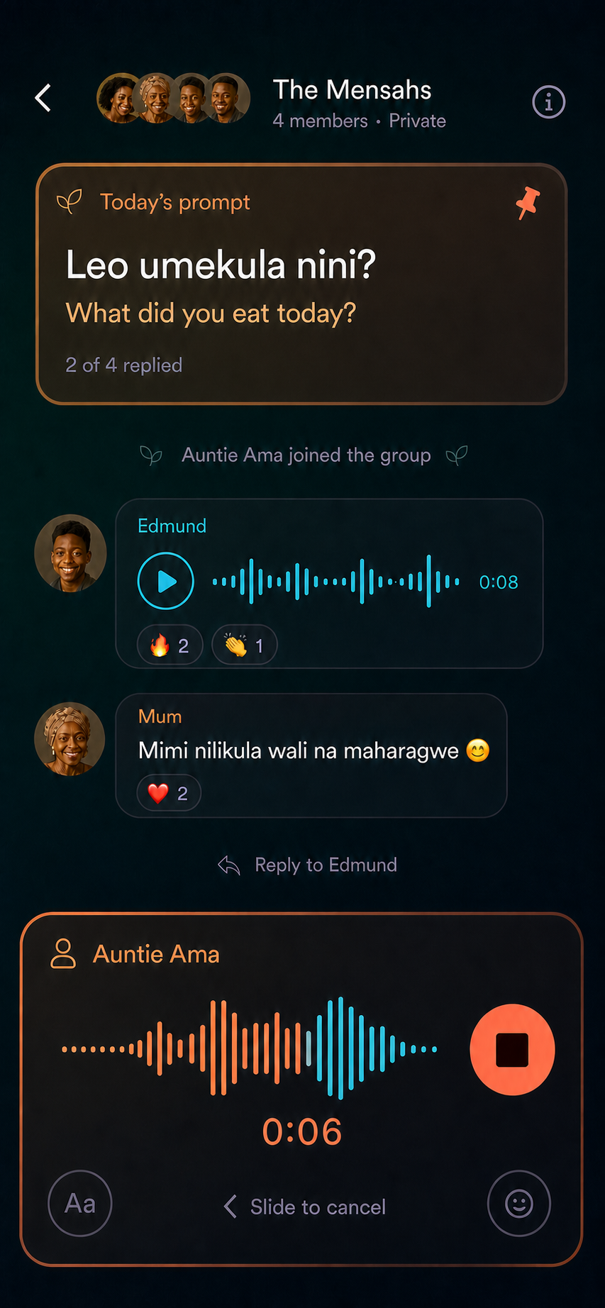 The Mensahs thread with seeded voice note and Auntie Ama recording a reply