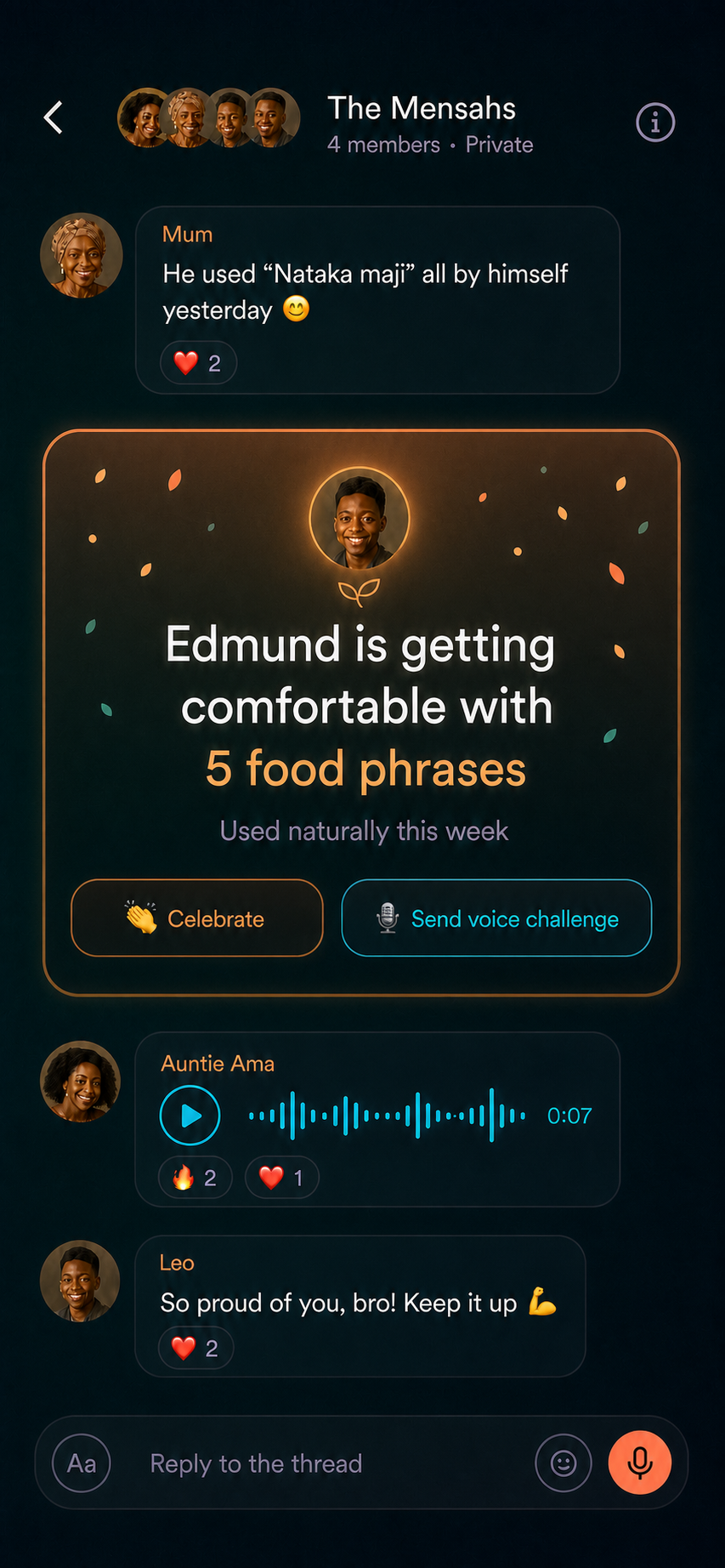 The Mensahs thread with a positive vocabulary milestone and actions to celebrate or send a voice challenge