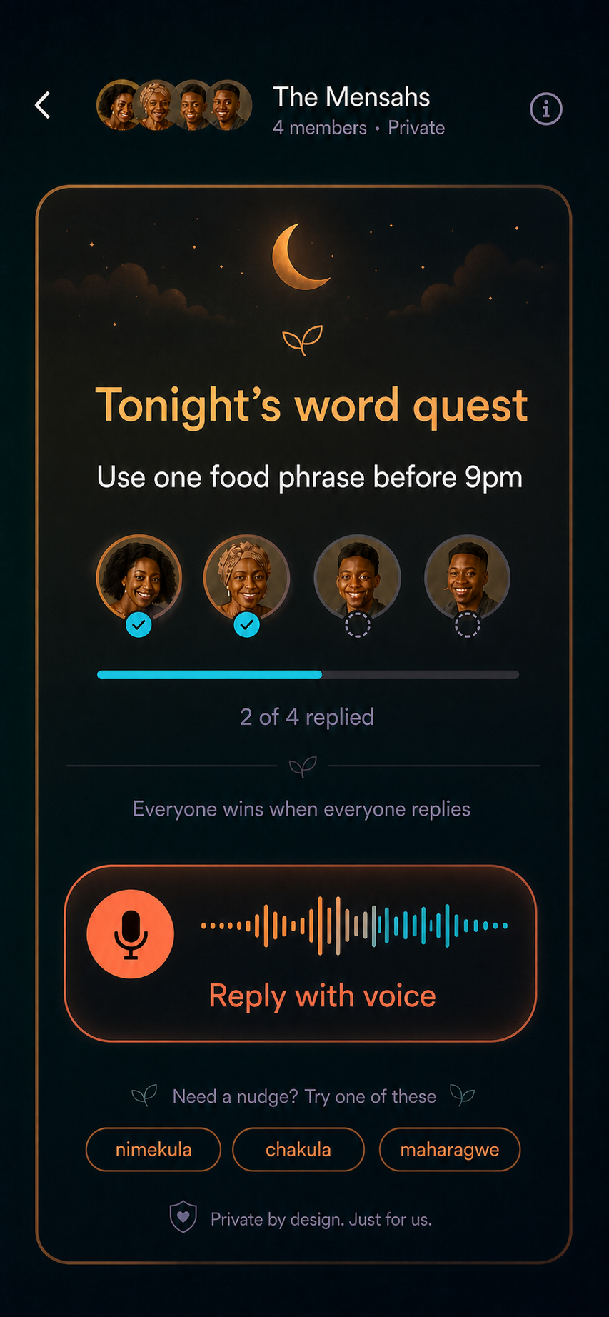 The Mensahs cooperative evening word quest with two of four members replied and a voice reply action
